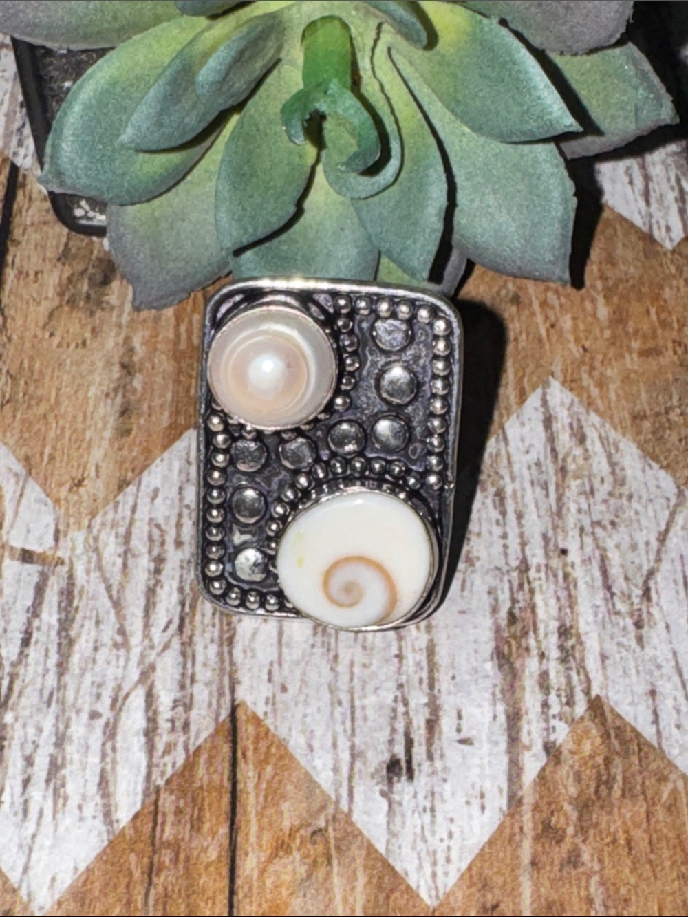 Silver Shell & Pearl Accent Ring